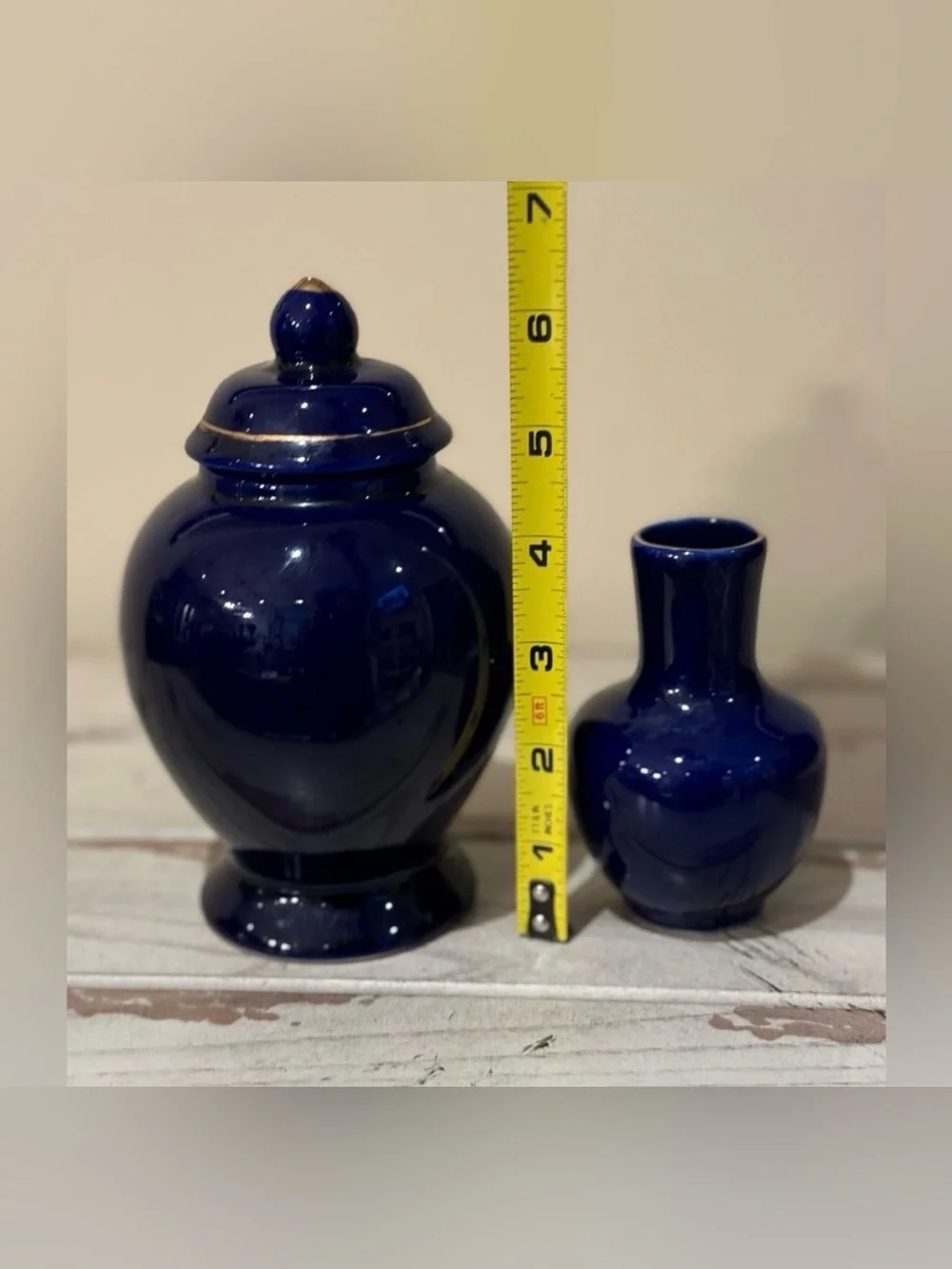 Vintage Cobalt Blue Ginger Jar & Bud Vase Set Gold Peacock Chinoiserie D